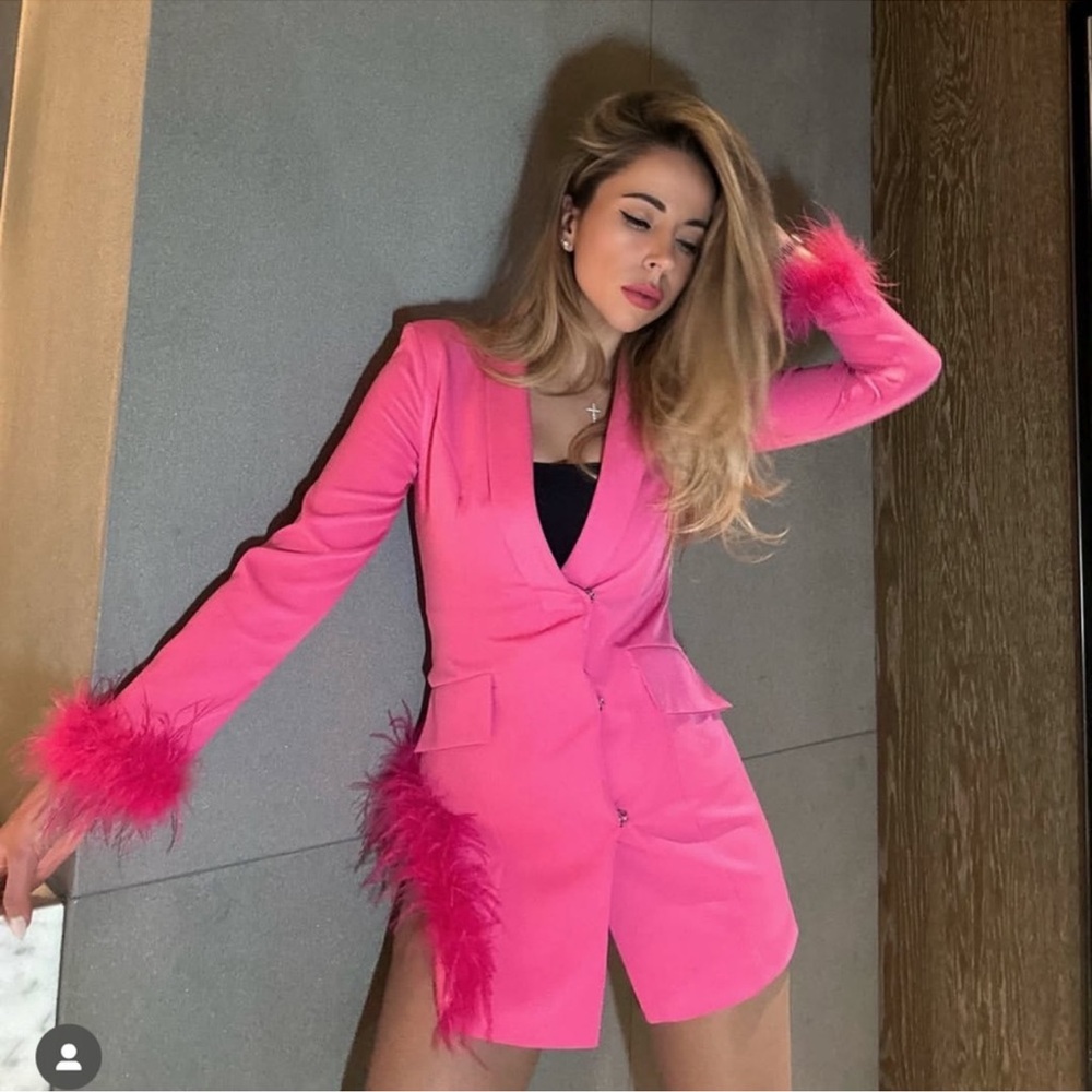Pink Feather-Trimmed  Blazer dress